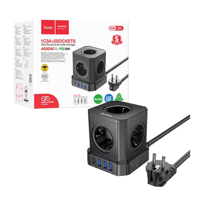 hoco. Produžni kabl, 5 utičnica, 3 x USB, 1 x USB C PD20W, 2 met. - NS8 Sharp