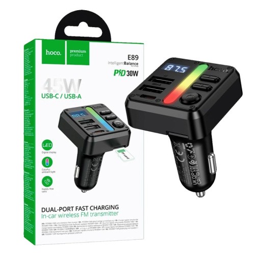 hoco. FM modulator, BT, 12V/24V, 45W, 2xUSB-A, 1xUSB-C, PD/QC - E89