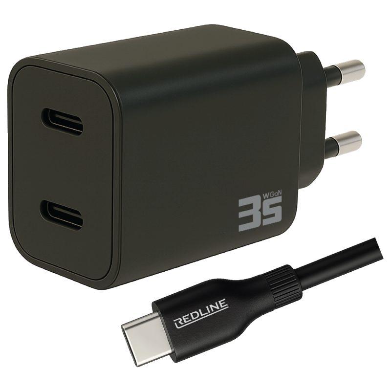 REDLINE Punjač sa USB-C kablom, 2 x USB-C, brzi, 35W, GaN - PQ351CC+CC1.2M60W