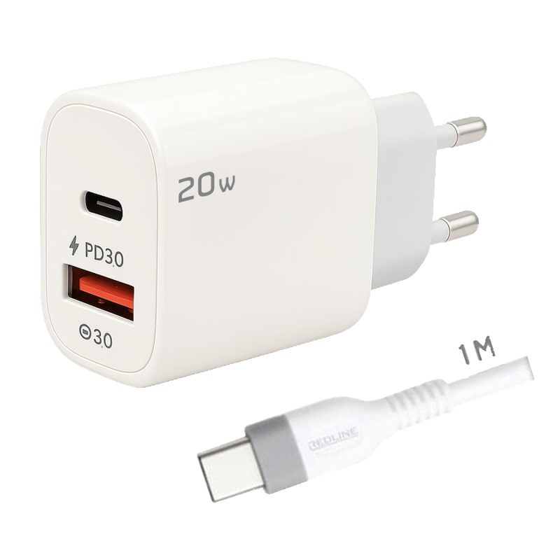 REDLINE Punjač sa USB-C kablom, 1 x USB-A, 1 x USB-C, 20W - GL20AC+CC-1M