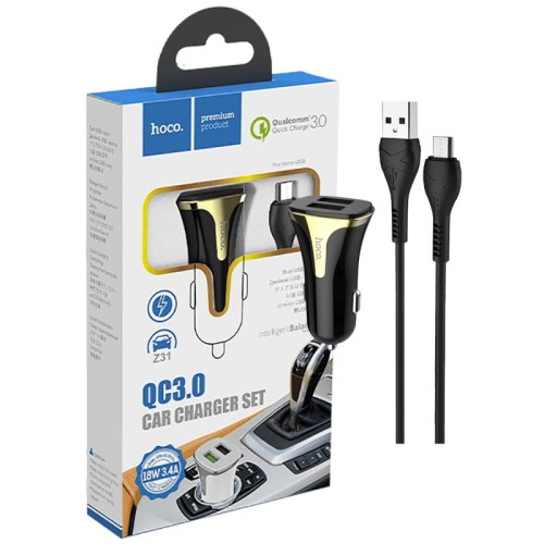 hoco. Auto punjač sa microUSB kabelom, QC, 2 x USB, 3.1 A - Z31 Universe double port, microUSB