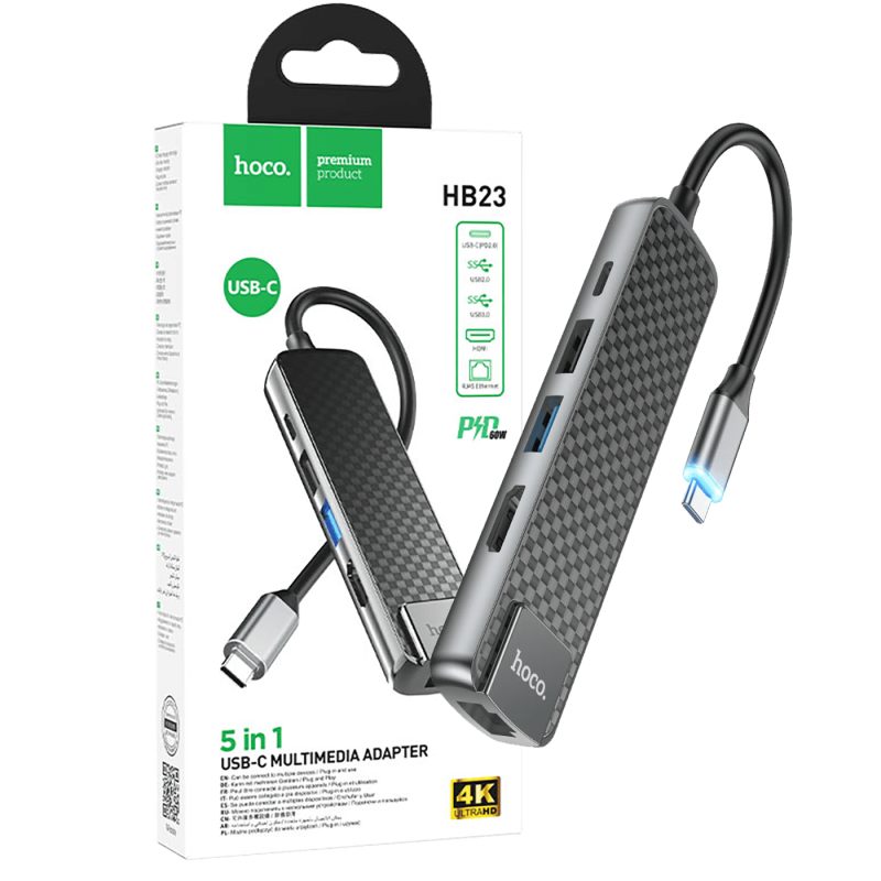 hoco. Konverter USB HUB type C to USB3.0/USB2.0/HDMI/RJ45/PD - HB23 Easy view