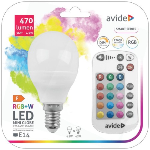 Avide Pametna sijalica, LED 4.9W, E14, RGB+W, 2700K, daljinski - Smart LED Mini Globe 4.9W