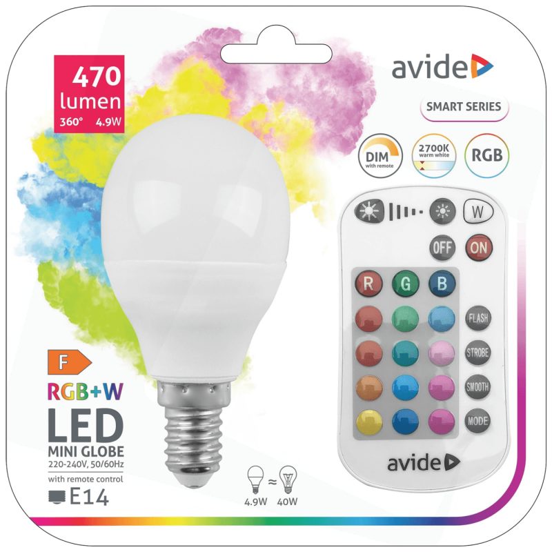 Avide Pametna sijalica, LED 4.9W, E14, RGB+W, 2700K, daljinski - Smart LED Mini Globe 4.9W
