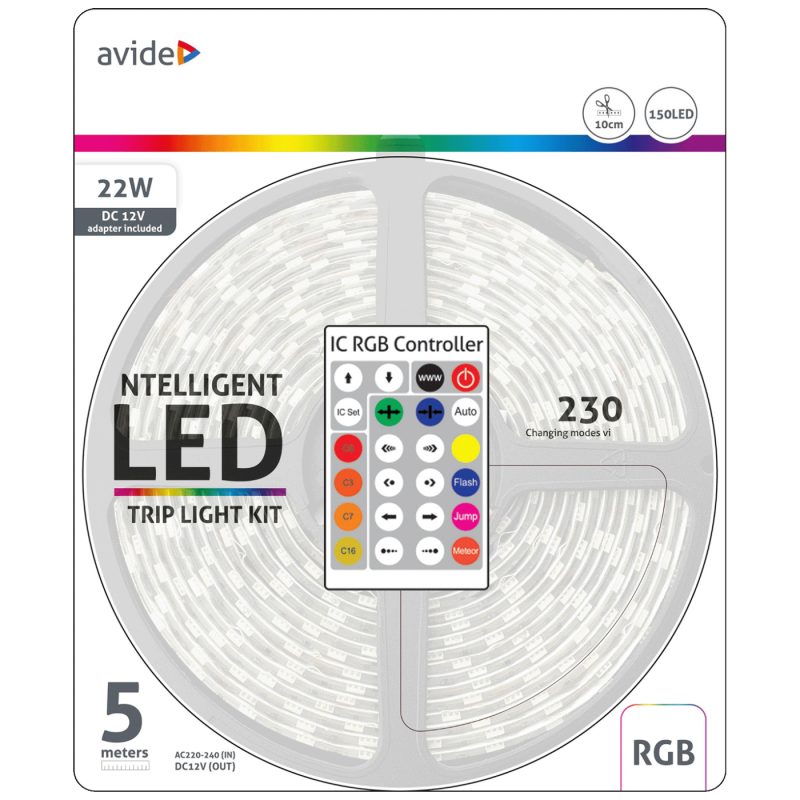 Avide LED traka sa daljinskim upravljačem,RGB,22W,12V,5 met.,IP65 - ABLSBL12V5050-30RGB-IC65