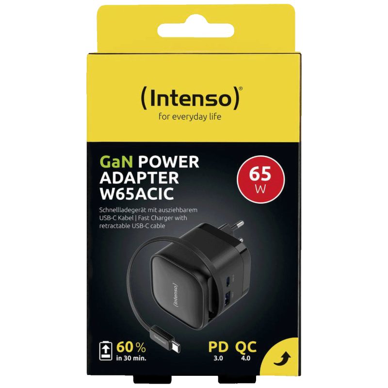 Intenso Punjač kučni sa type C kabelom, brzi, 1xUSB-A, 1xUCB-C, 65W - Power Adapter W65ACIC GaN Black