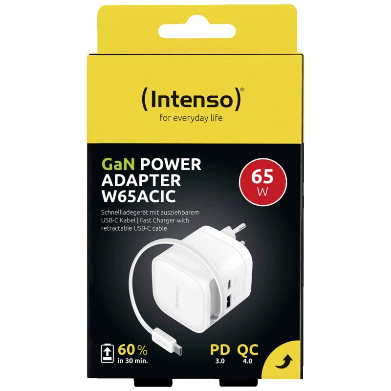 Intenso Punjač kučni sa type C kabelom, brzi, 1xUSB-A, 1xUCB-C, 65W - Power Adapter W65ACIC GaN White
