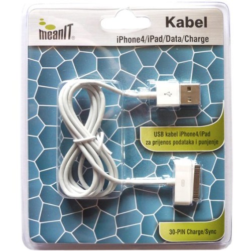 MeanIT USB kabl za Iphone 3 / 4, dužina 1.0 metar, bijeli - KABEL ZA IPHONE 3 / 4