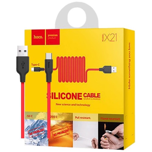 hoco. USB kabl za smartphone,silikonski,1.2 met, 2 A,crno/crveni - X21 Silicone USB type C, Black/Red