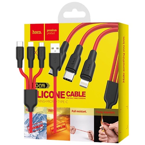 hoco. USB kabl, 3in1, microUSB, type C, Lightning, 1.2 met., 2 A - X21 Silicone 3in1, Black/Red