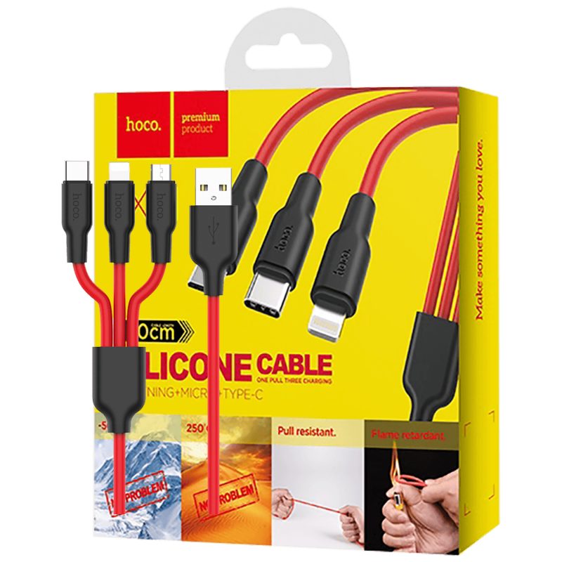hoco. USB kabl, 3in1, microUSB, type C, Lightning, 1.2 met., 2 A - X21 Silicone 3in1, Black/Red