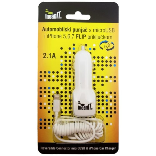 MeanIT Auto punjač za smartphone/iPHONE, 2.1A, FLIP konektor - AUTO PUNJAČ SMARTPHONE/iPHONE