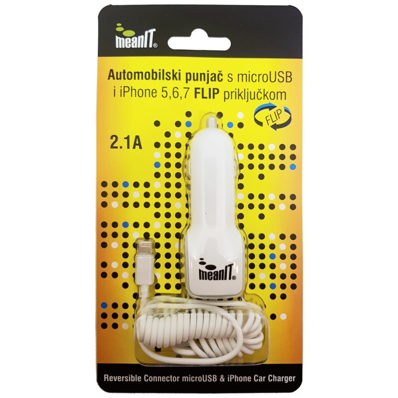 MeanIT Auto punjač za smartphone/iPHONE, 2.1A, FLIP konektor - AUTO PUNJAČ SMARTPHONE/iPHONE